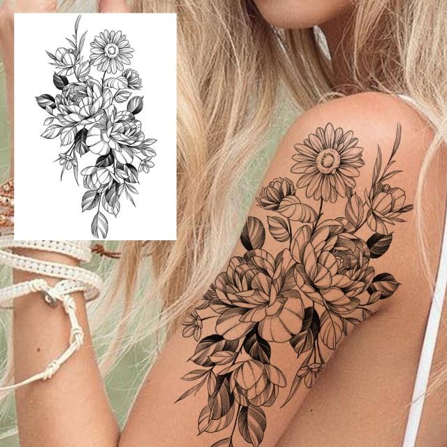 Realistic Big Flower Temporary Waterproof Sticker Tattoos For Body Painting Arm Legs Fake Black Rose Tattoos For Womens - TaTTTy