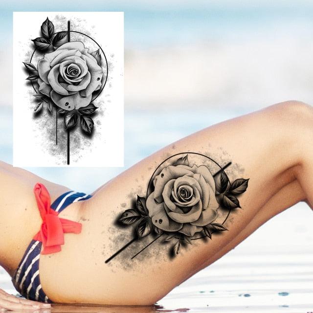 Realistic Big Flower Temporary Waterproof Sticker Tattoos For Body Painting Arm Legs Fake Black Rose Tattoos For Womens - TaTTTy