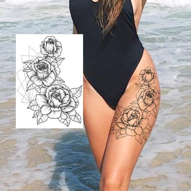 Realistic Big Flower Temporary Waterproof Sticker Tattoos For Body Painting Arm Legs Fake Black Rose Tattoos For Womens - TaTTTy
