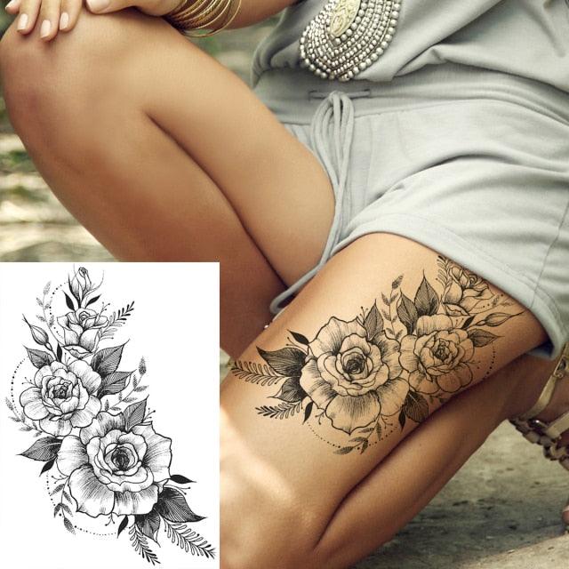 Realistic Big Flower Temporary Waterproof Sticker Tattoos For Body Painting Arm Legs Fake Black Rose Tattoos For Womens - TaTTTy