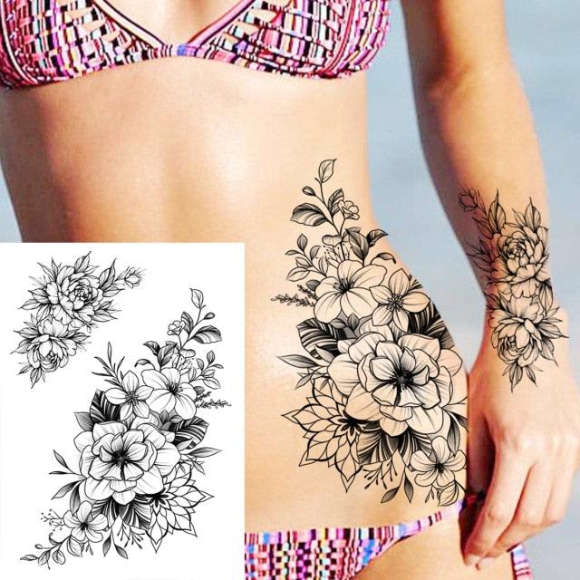 Realistic Big Flower Temporary Waterproof Sticker Tattoos For Body Painting Arm Legs Fake Black Rose Tattoos For Womens - TaTTTy