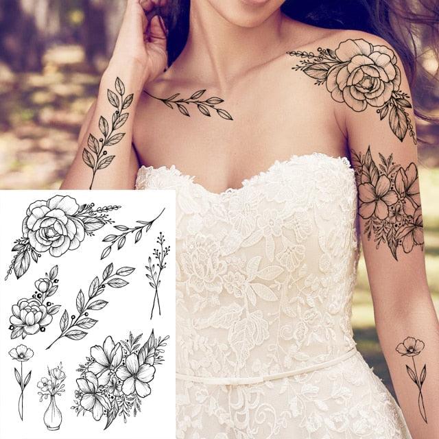 Realistic Big Flower Temporary Waterproof Sticker Tattoos For Body Painting Arm Legs Fake Black Rose Tattoos For Womens - TaTTTy