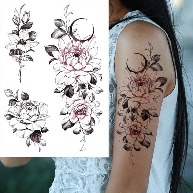 Realistic Big Flower Temporary Waterproof Sticker Tattoos For Body Painting Arm Legs Fake Black Rose Tattoos For Womens - TaTTTy
