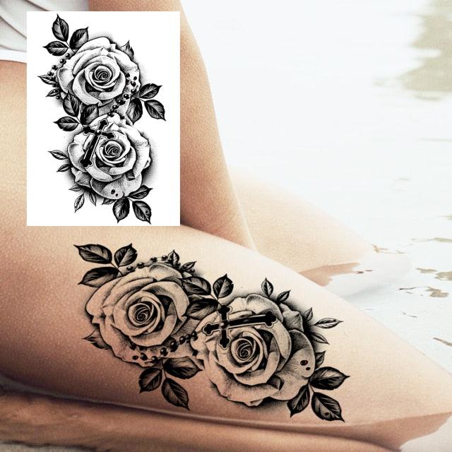 Realistic Big Flower Temporary Waterproof Sticker Tattoos For Body Painting Arm Legs Fake Black Rose Tattoos For Womens - TaTTTy