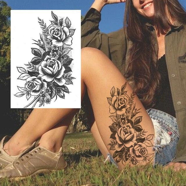 Realistic Big Flower Temporary Waterproof Sticker Tattoos For Body Painting Arm Legs Fake Black Rose Tattoos For Womens - TaTTTy