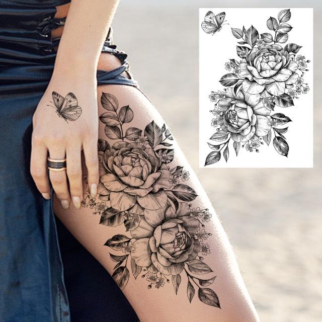 Realistic Big Flower Temporary Waterproof Sticker Tattoos For Body Painting Arm Legs Fake Black Rose Tattoos For Womens - TaTTTy