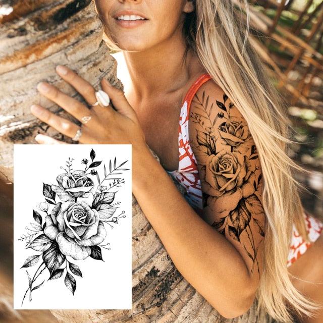 Realistic Big Flower Temporary Waterproof Sticker Tattoos For Body Painting Arm Legs Fake Black Rose Tattoos For Womens - TaTTTy