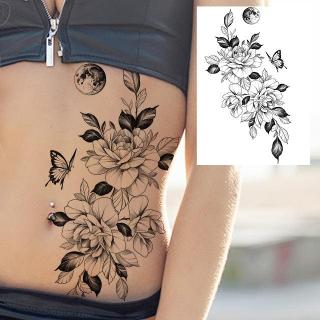 Realistic Big Flower Temporary Waterproof Sticker Tattoos For Body Painting Arm Legs Fake Black Rose Tattoos For Womens - TaTTTy