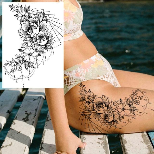 Realistic Big Flower Temporary Waterproof Sticker Tattoos For Body Painting Arm Legs Fake Black Rose Tattoos For Womens - TaTTTy