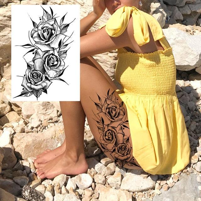 Realistic Big Flower Temporary Waterproof Sticker Tattoos For Body Painting Arm Legs Fake Black Rose Tattoos For Womens - TaTTTy