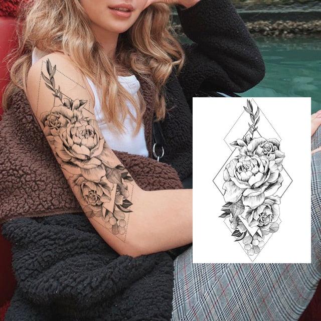 Realistic Big Flower Temporary Waterproof Sticker Tattoos For Body Painting Arm Legs Fake Black Rose Tattoos For Womens - TaTTTy