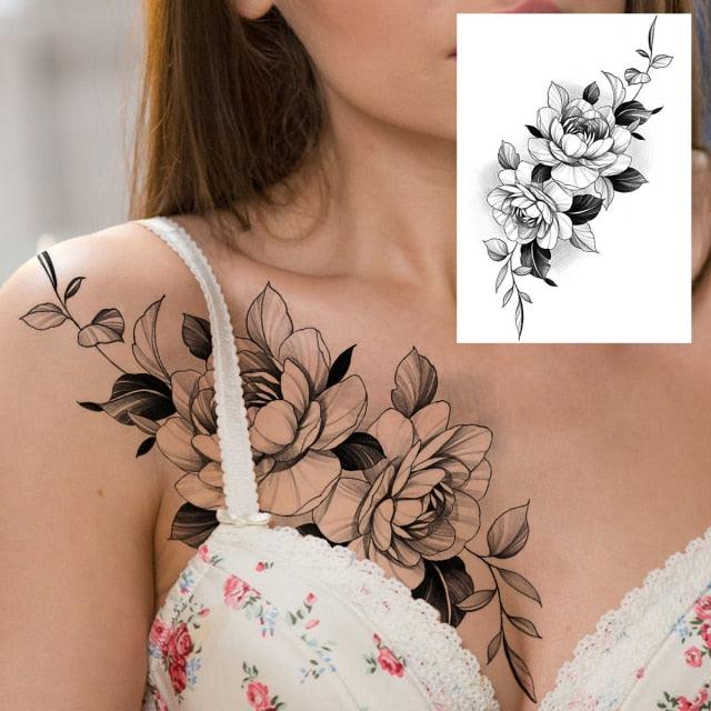 Realistic Big Flower Temporary Waterproof Sticker Tattoos For Body Painting Arm Legs Fake Black Rose Tattoos For Womens - TaTTTy