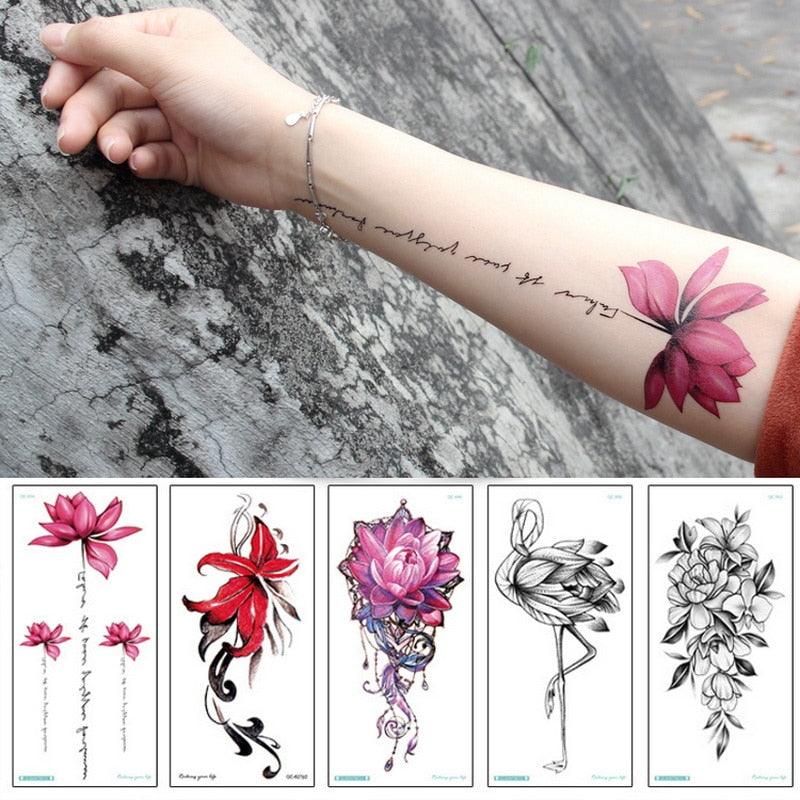 Waterproof Red Flowers Tattoo Multi-Colored Temporary Sticker Flower Lotus Tattoo Elegant Big Design For Womens - TaTTTy