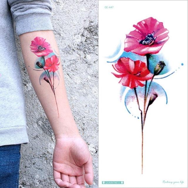 Waterproof Red Flowers Tattoo Multi-Colored Temporary Sticker Flower Lotus Tattoo Elegant Big Design For Womens - TaTTTy