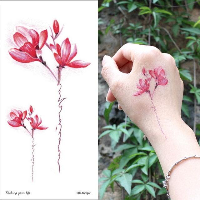Waterproof Red Flowers Tattoo Multi-Colored Temporary Sticker Flower Lotus Tattoo Elegant Big Design For Womens - TaTTTy
