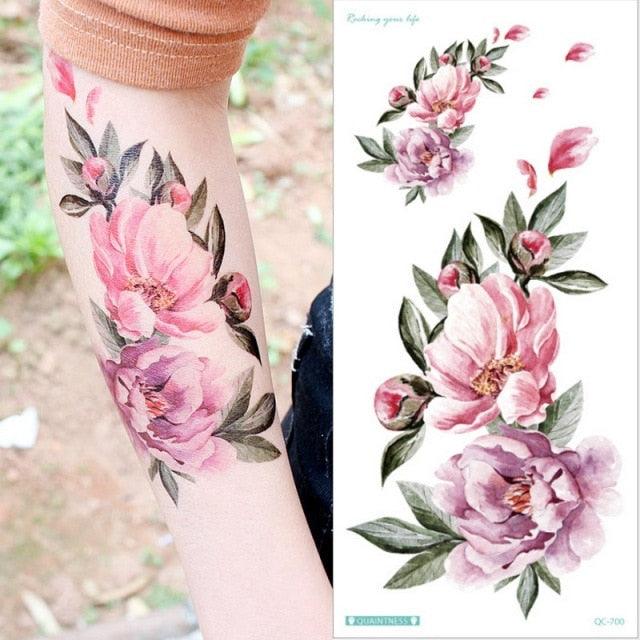 Waterproof Red Flowers Tattoo Multi-Colored Temporary Sticker Flower Lotus Tattoo Elegant Big Design For Womens - TaTTTy