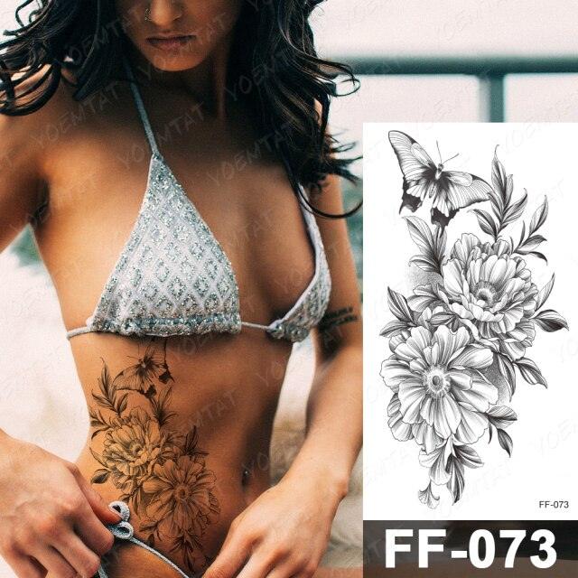 Waterproof Temporary Black Tattoo Sticker Peony Flower Snake Sketch Luxury Big Tattoo For Womens - TaTTTy