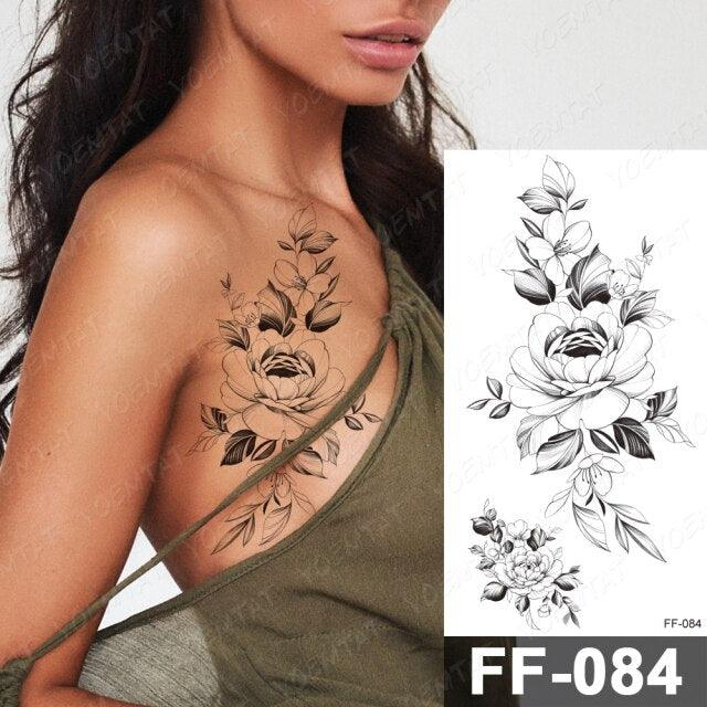 Waterproof Temporary Black Tattoo Sticker Peony Flower Snake Sketch Luxury Big Tattoo For Womens - TaTTTy