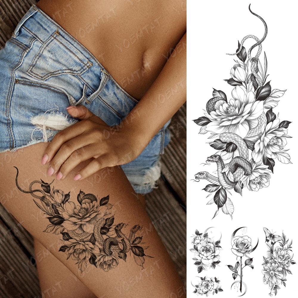 Waterproof Temporary Black Tattoo Sticker Peony Flower Snake Sketch Luxury Big Tattoo For Womens - TaTTTy