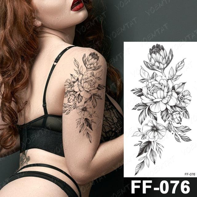 Waterproof Temporary Black Tattoo Sticker Peony Flower Snake Sketch Luxury Big Tattoo For Womens - TaTTTy