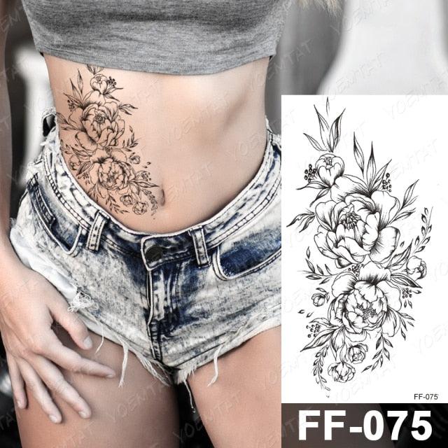 Waterproof Temporary Black Tattoo Sticker Peony Flower Snake Sketch Luxury Big Tattoo For Womens - TaTTTy