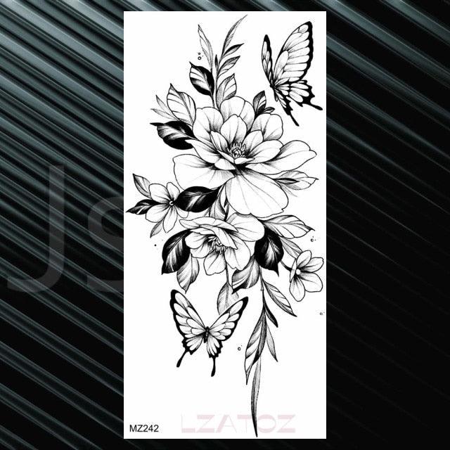 Women's Fashion Flower Temporary Tattoos Sticker Fake Rose Waterproof Large Realistic Black Colorful Flowers Tattoos - TaTTTy