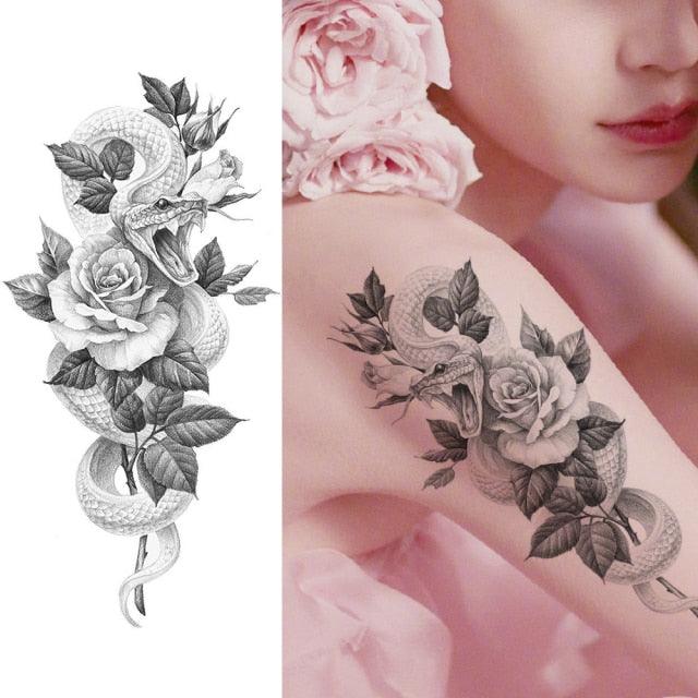 Women's Fashion Flower Temporary Tattoos Sticker Fake Rose Waterproof Large Realistic Black Colorful Flowers Tattoos - TaTTTy