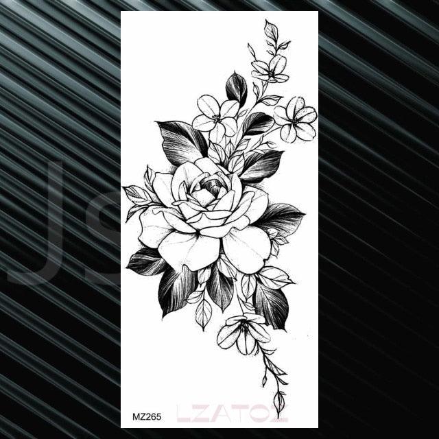 Women's Fashion Flower Temporary Tattoos Sticker Fake Rose Waterproof Large Realistic Black Colorful Flowers Tattoos - TaTTTy