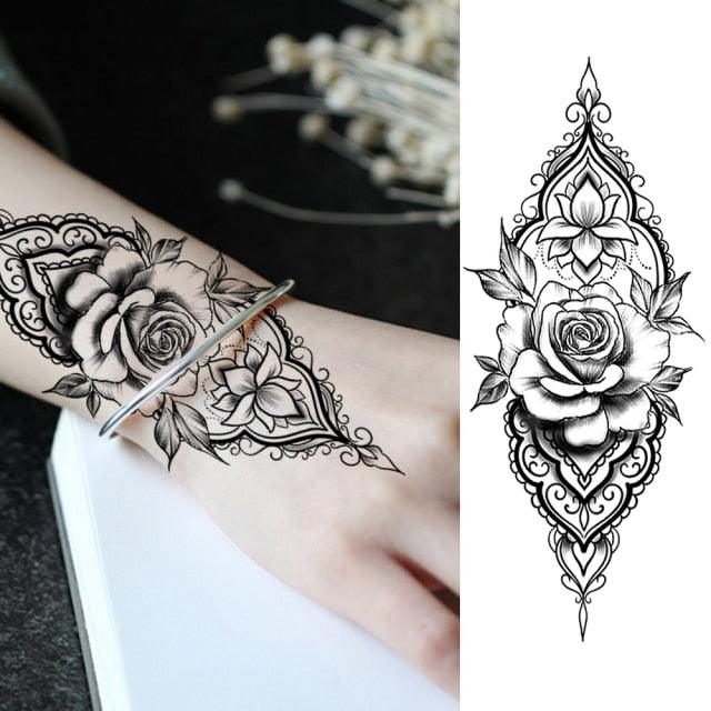 Women's Fashion Flower Temporary Tattoos Sticker Fake Rose Waterproof Large Realistic Black Colorful Flowers Tattoos - TaTTTy