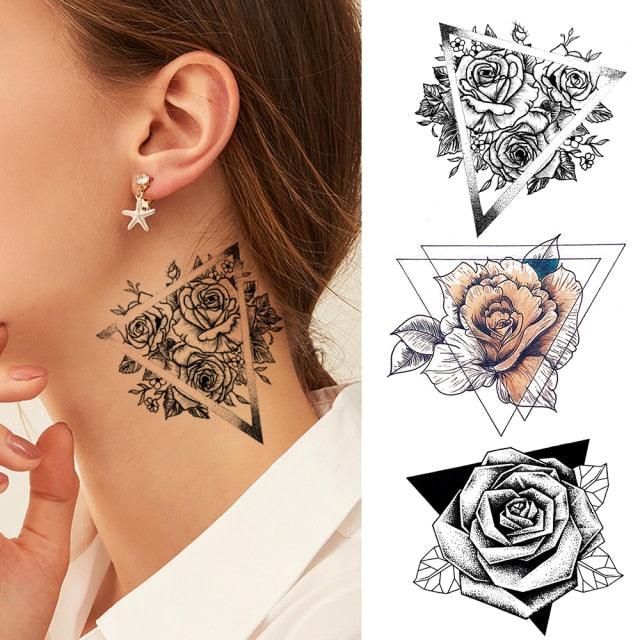 Women's Fashion Flower Temporary Tattoos Sticker Fake Rose Waterproof Large Realistic Black Colorful Flowers Tattoos - TaTTTy