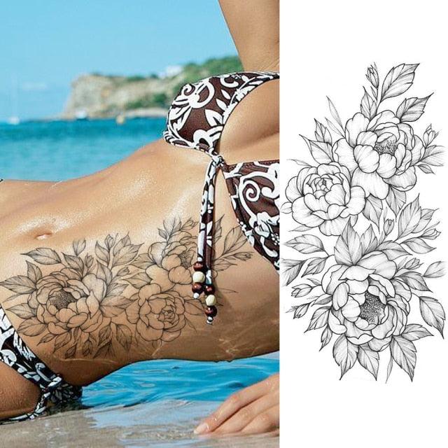 Women's Fashion Flower Temporary Tattoos Sticker Fake Rose Waterproof Large Realistic Black Colorful Flowers Tattoos - TaTTTy