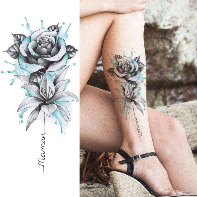 Women's Fashion Flower Temporary Tattoos Sticker Fake Rose Waterproof Large Realistic Black Colorful Flowers Tattoos - TaTTTy