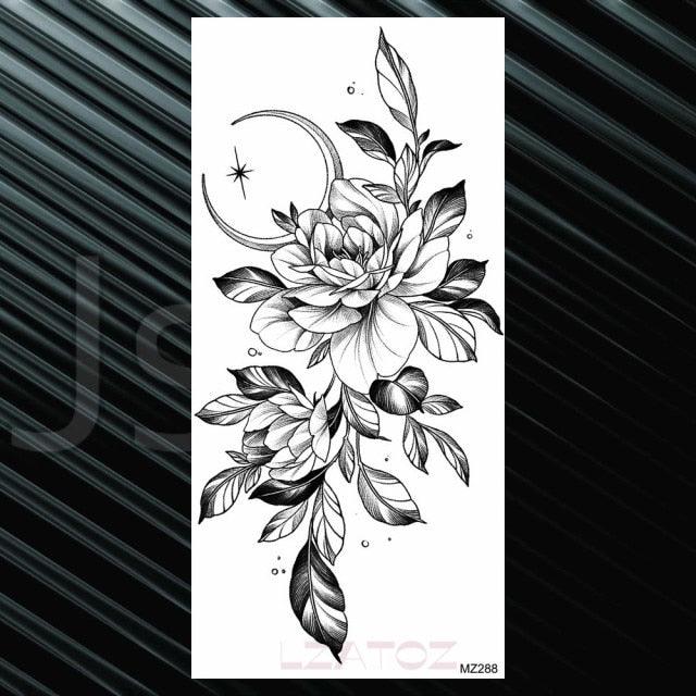 Women's Fashion Flower Temporary Tattoos Sticker Fake Rose Waterproof Large Realistic Black Colorful Flowers Tattoos - TaTTTy