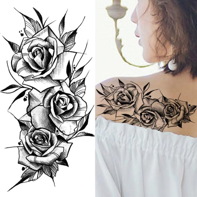 Women's Fashion Flower Temporary Tattoos Sticker Fake Rose Waterproof Large Realistic Black Colorful Flowers Tattoos - TaTTTy