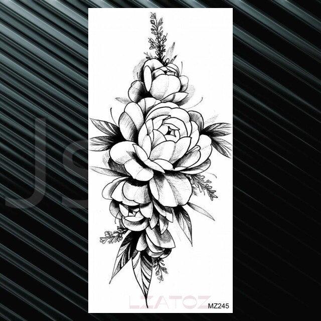 Women's Fashion Flower Temporary Tattoos Sticker Fake Rose Waterproof Large Realistic Black Colorful Flowers Tattoos - TaTTTy
