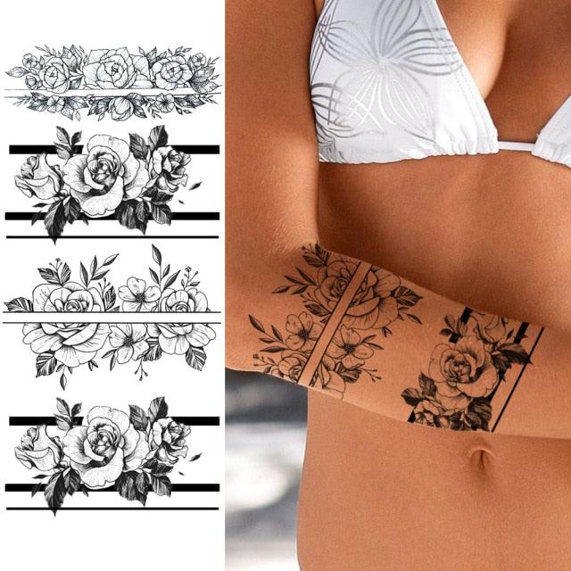 Women's Fashion Flower Temporary Tattoos Sticker Fake Rose Waterproof Large Realistic Black Colorful Flowers Tattoos - TaTTTy