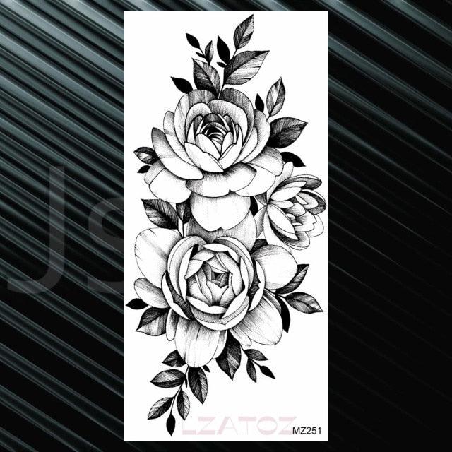 Women's Fashion Flower Temporary Tattoos Sticker Fake Rose Waterproof Large Realistic Black Colorful Flowers Tattoos - TaTTTy