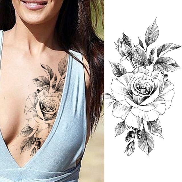 Women's Fashion Flower Temporary Tattoos Sticker Fake Rose Waterproof Large Realistic Black Colorful Flowers Tattoos - TaTTTy