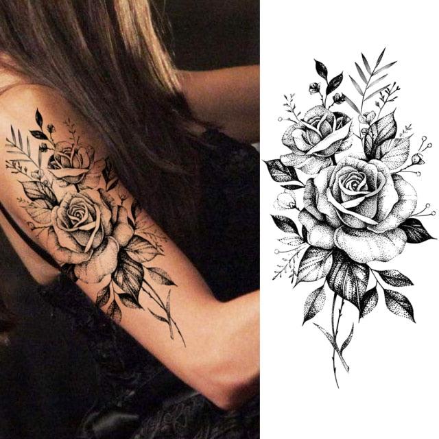 Women's Fashion Flower Temporary Tattoos Sticker Fake Rose Waterproof Large Realistic Black Colorful Flowers Tattoos - TaTTTy