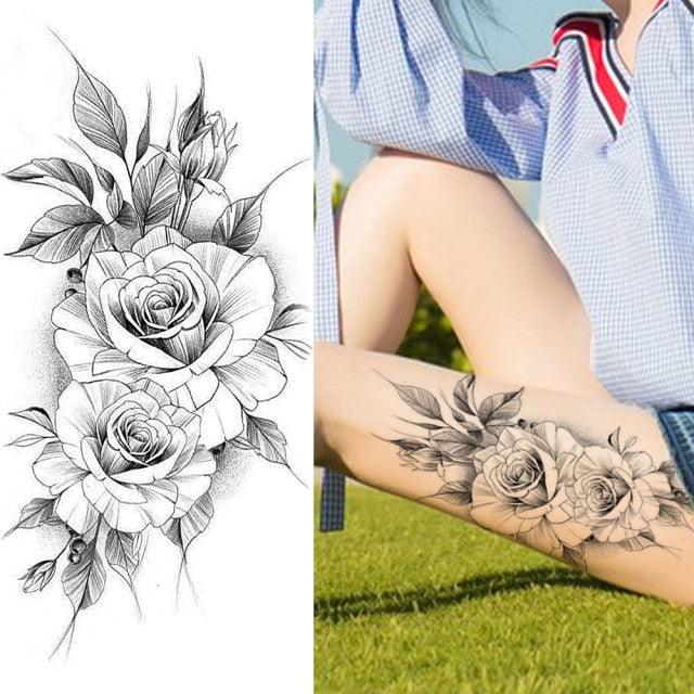 Women's Fashion Flower Temporary Tattoos Sticker Fake Rose Waterproof Large Realistic Black Colorful Flowers Tattoos - TaTTTy