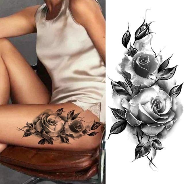 Women's Fashion Flower Temporary Tattoos Sticker Fake Rose Waterproof Large Realistic Black Colorful Flowers Tattoos - TaTTTy