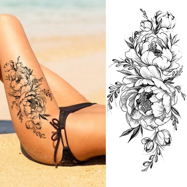 Women's Fashion Flower Temporary Tattoos Sticker Fake Rose Waterproof Large Realistic Black Colorful Flowers Tattoos - TaTTTy