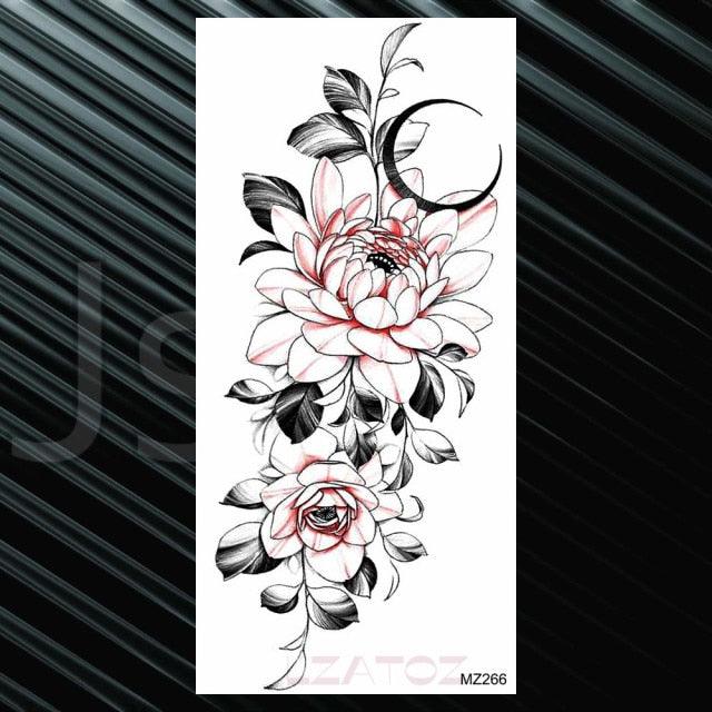 Women's Fashion Flower Temporary Tattoos Sticker Fake Rose Waterproof Large Realistic Black Colorful Flowers Tattoos - TaTTTy