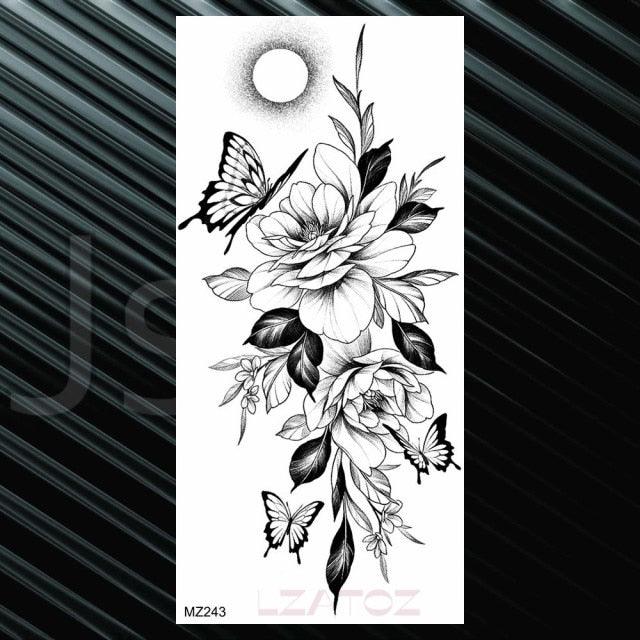 Women's Fashion Flower Temporary Tattoos Sticker Fake Rose Waterproof Large Realistic Black Colorful Flowers Tattoos - TaTTTy