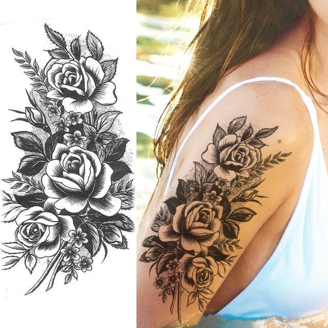 Women's Fashion Flower Temporary Tattoos Sticker Fake Rose Waterproof Large Realistic Black Colorful Flowers Tattoos - TaTTTy