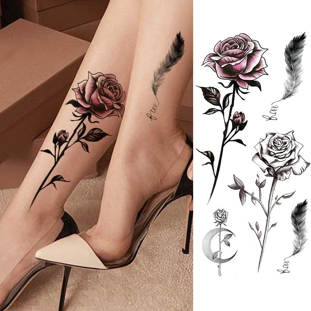 Women's Fashion Flower Temporary Tattoos Sticker Fake Rose Waterproof Large Realistic Black Colorful Flowers Tattoos - TaTTTy