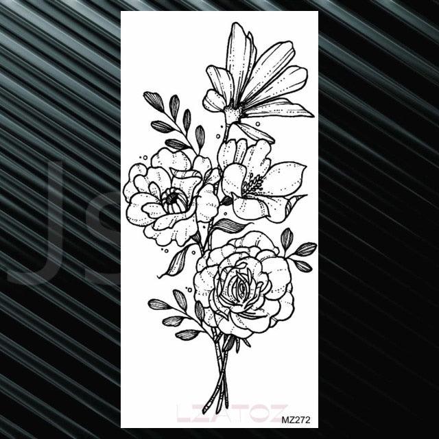Women's Fashion Flower Temporary Tattoos Sticker Fake Rose Waterproof Large Realistic Black Colorful Flowers Tattoos - TaTTTy