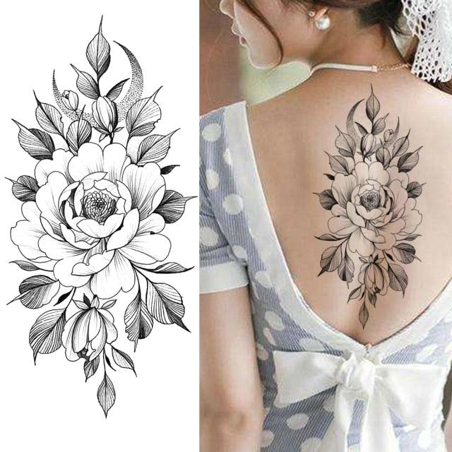 Women's Fashion Flower Temporary Tattoos Sticker Fake Rose Waterproof Large Realistic Black Colorful Flowers Tattoos - TaTTTy