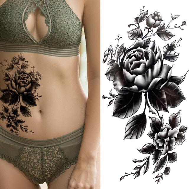 Women's Fashion Flower Temporary Tattoos Sticker Fake Rose Waterproof Large Realistic Black Colorful Flowers Tattoos - TaTTTy