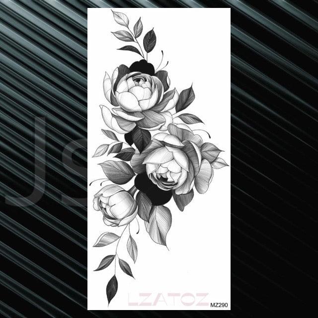 Women's Fashion Flower Temporary Tattoos Sticker Fake Rose Waterproof Large Realistic Black Colorful Flowers Tattoos - TaTTTy